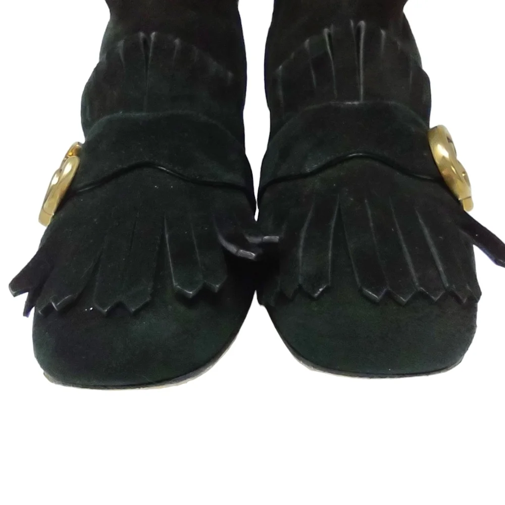 Gucci Size Marmont GG Fringe riding black suede tall boots logo size 36.5